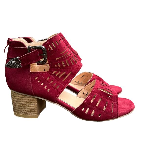 Bergundy Block Heel Suede Sandals EU 39 Oxblood Maroon Red Fall Bohemian Holiday - Picture 1 of 6